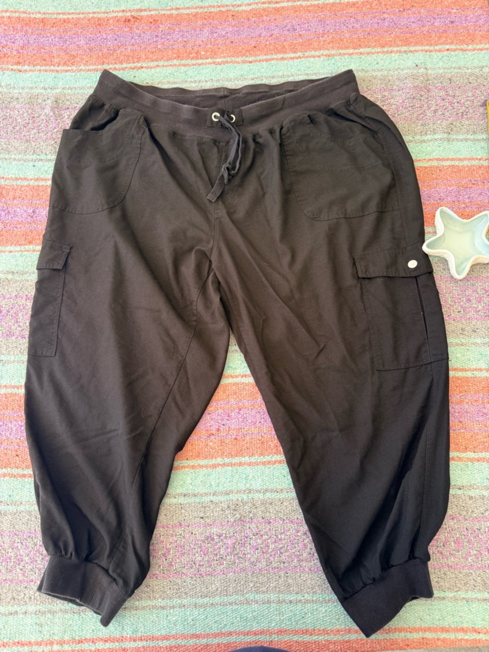 MoFiz 4XL Black Lightweight Cargo Pants Capri Linen Look Pockets